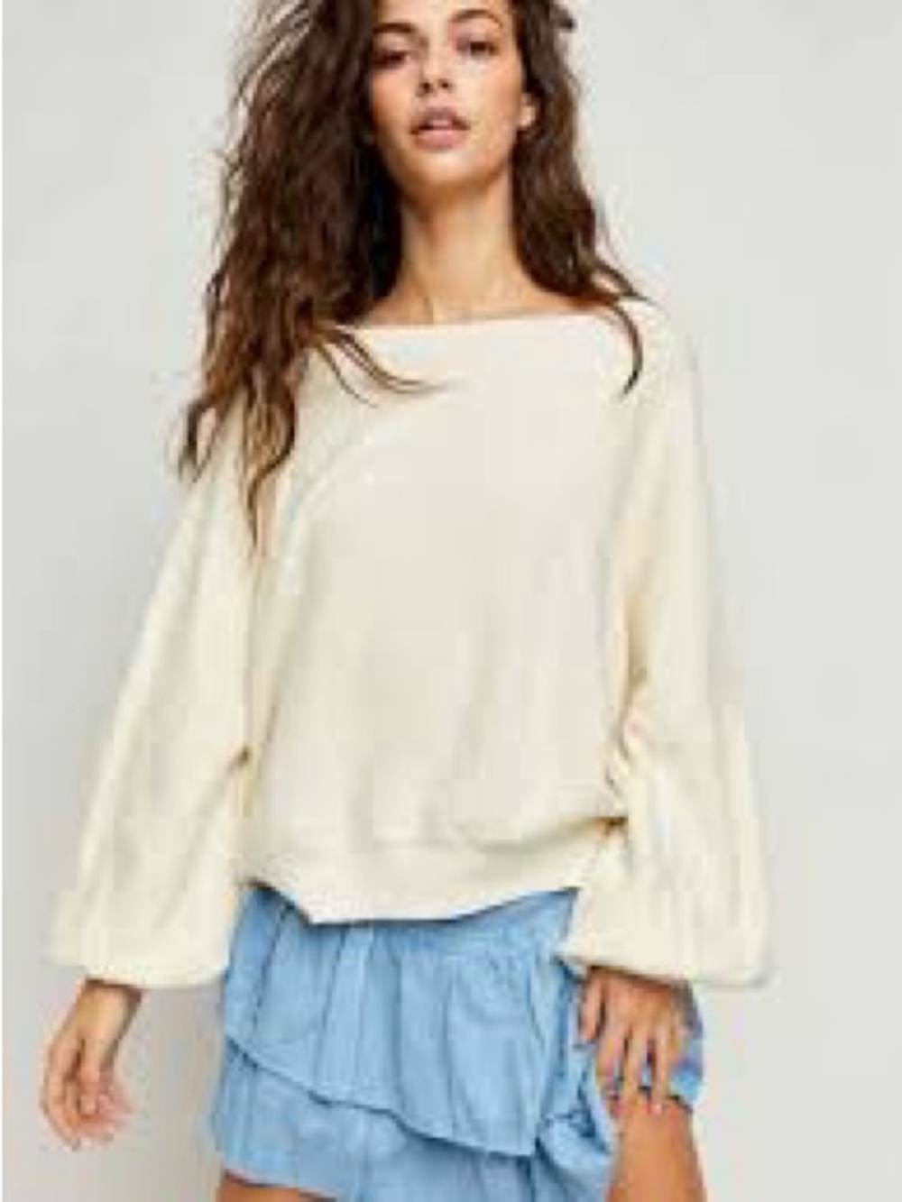 Free People Bouclé Off-White Textured Wide Neck Balloon Sleeve Pullover XS